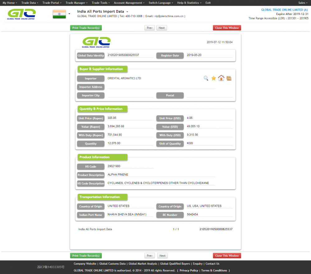 Pinene India 모든 포트 가져 오기 데이터를 가져옵니다