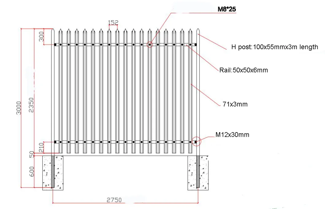 2.4m High Black Color Triple Point W Pale Steel Palisade Security Fencing