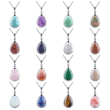 Natural Stone Teardrop Pendants Necklace Gemstone Teardrop Charm Choker Crystal Waterdrop Pendant Necklace with Silver Chains