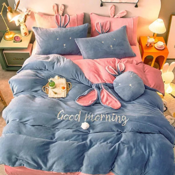 4pcs Winter Crystal Velvet Bedding Set Luxury Lovely Rabbit Ears Duvet Cover Bed Sheet Pillowcase Kit Kids Queen King