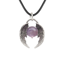 Amethyst10MM Balls Silver Alloy Angle Wing Pendant Necklace 45cm Black Cord