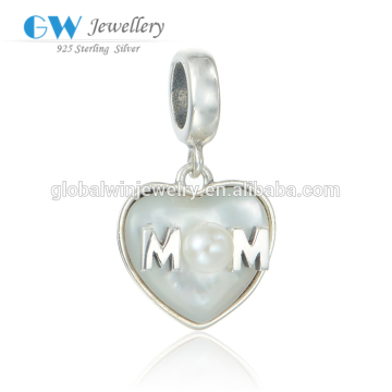 925 Silver Charm Mother's Day Charm Pearl Heart Dangle Charm