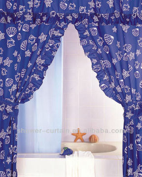 blue fabric print double swag shower curtain