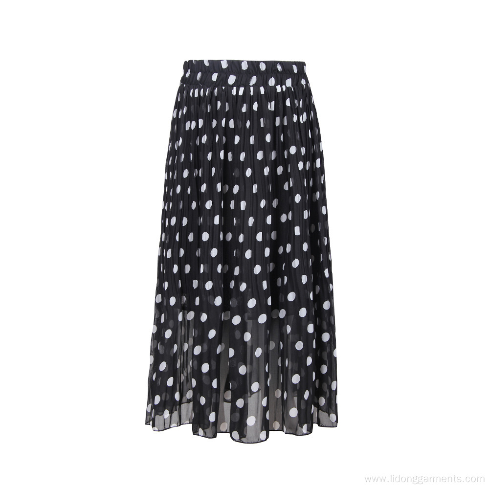 Women Pleated Black Dot Elastic Waist Skirt