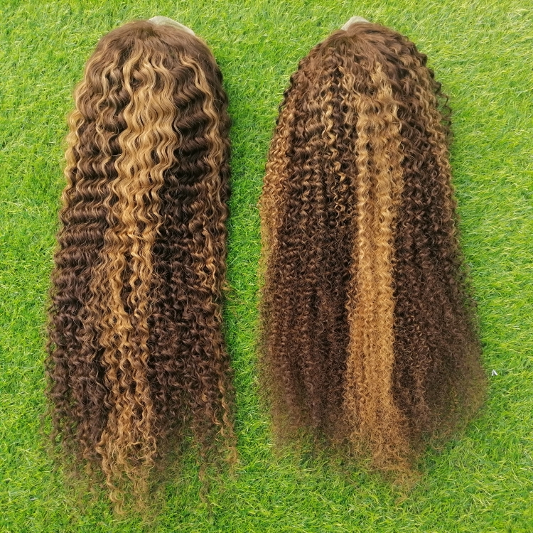 deep kinky curly piano highlight 4/27 color frontal wig silky Virgin Cuticle Aligned Brazilian Human Hair wig for black woman