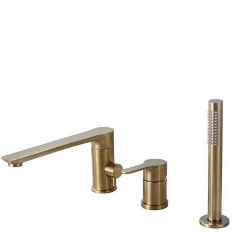 Deck Mounted Basin Faucet for Bathroom Brass Brushed Gold Dual Valve Basin Faucets Supplier