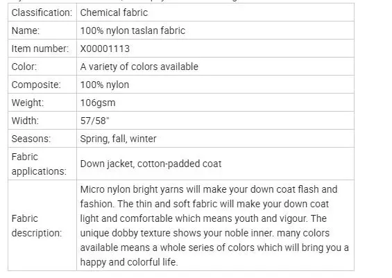 100% Nylon Waterproof Taslon Jacket Fabric Nylon Taslan Fabric Raincoat