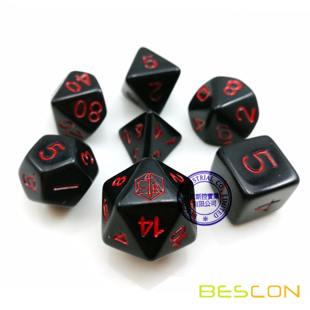 Juego de dados personalizado de 7pcs RPG negro y rojo