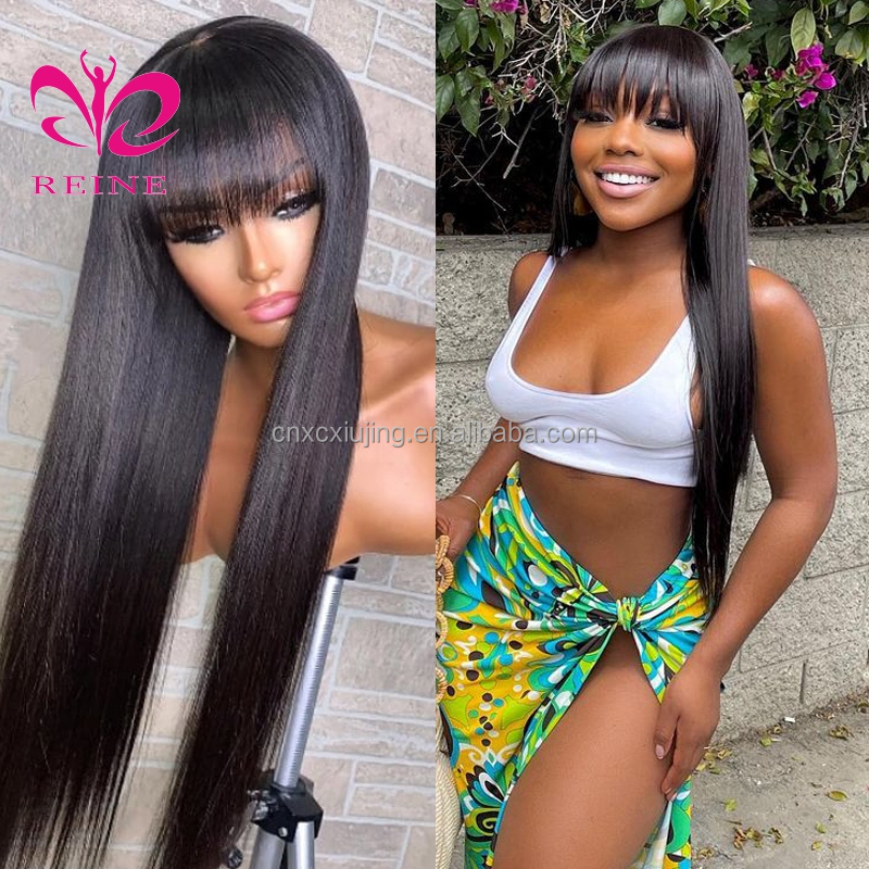 Cheap 100% Human Hair Wig With Bangs Straight Human Hair Wigs For Black Women Cheap Brazilian Straight Black Long Fringe Wig