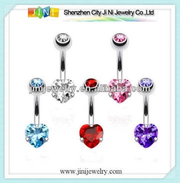 bling heart double gem belly navel ring with prong cz