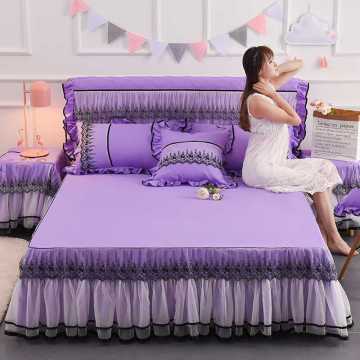 Korean Lace Princess Purple Bed Skirts Pillowcases 1/3pcs Solid Color Bedding Bed Cover Bedspread Bed Fitted Sheet Queen King