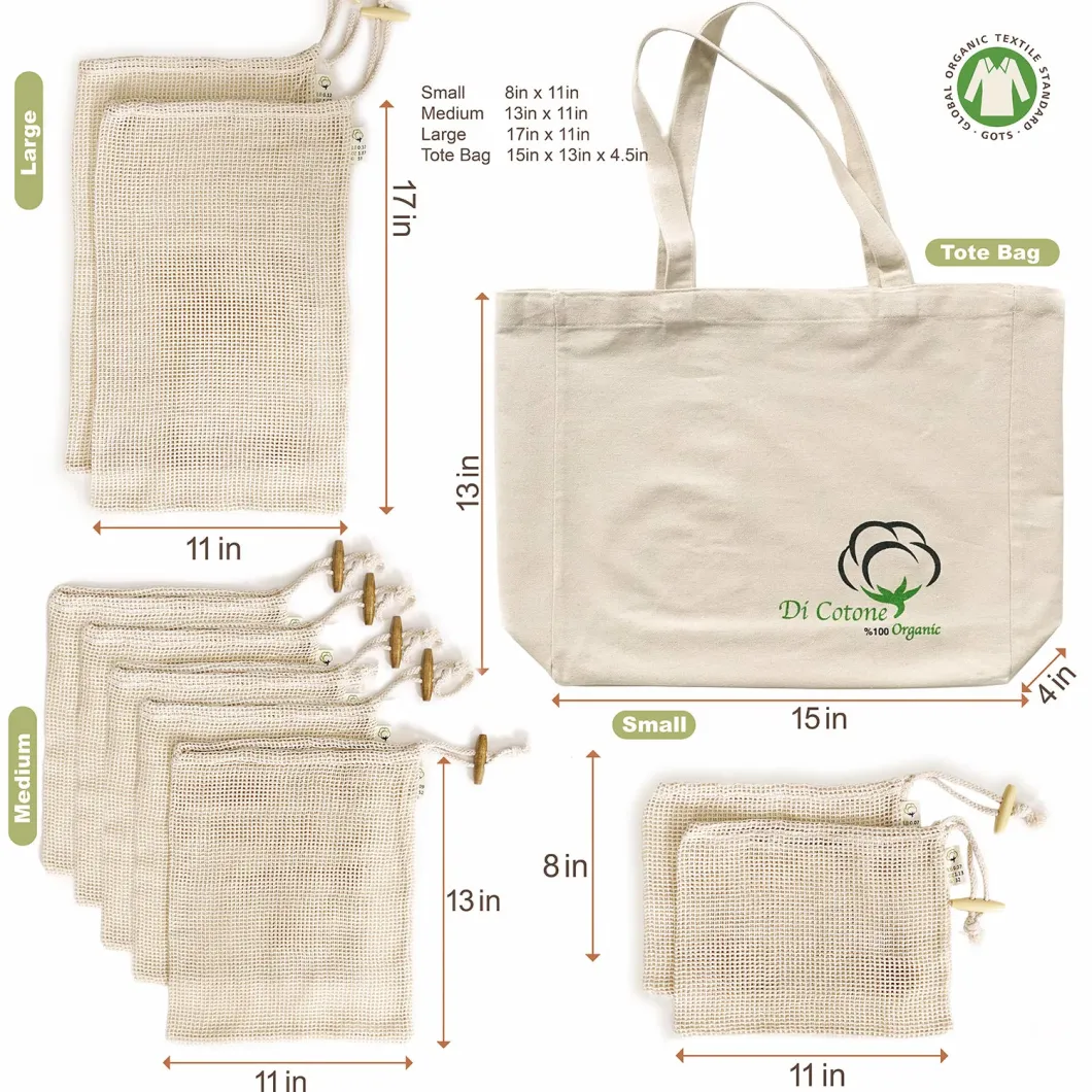 Reusable Produce Bags Organic Cotton Mesh Bags for Grocery Shopping and Storage Washable, Biodegradable, Eco-Friendly Gots
