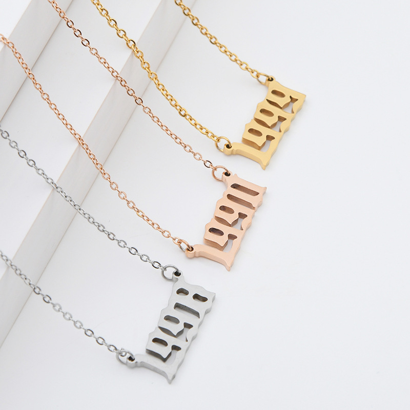 stainless steel gold old english necklace birth year 1990-2000 old english letters numeral year necklaces wholesale