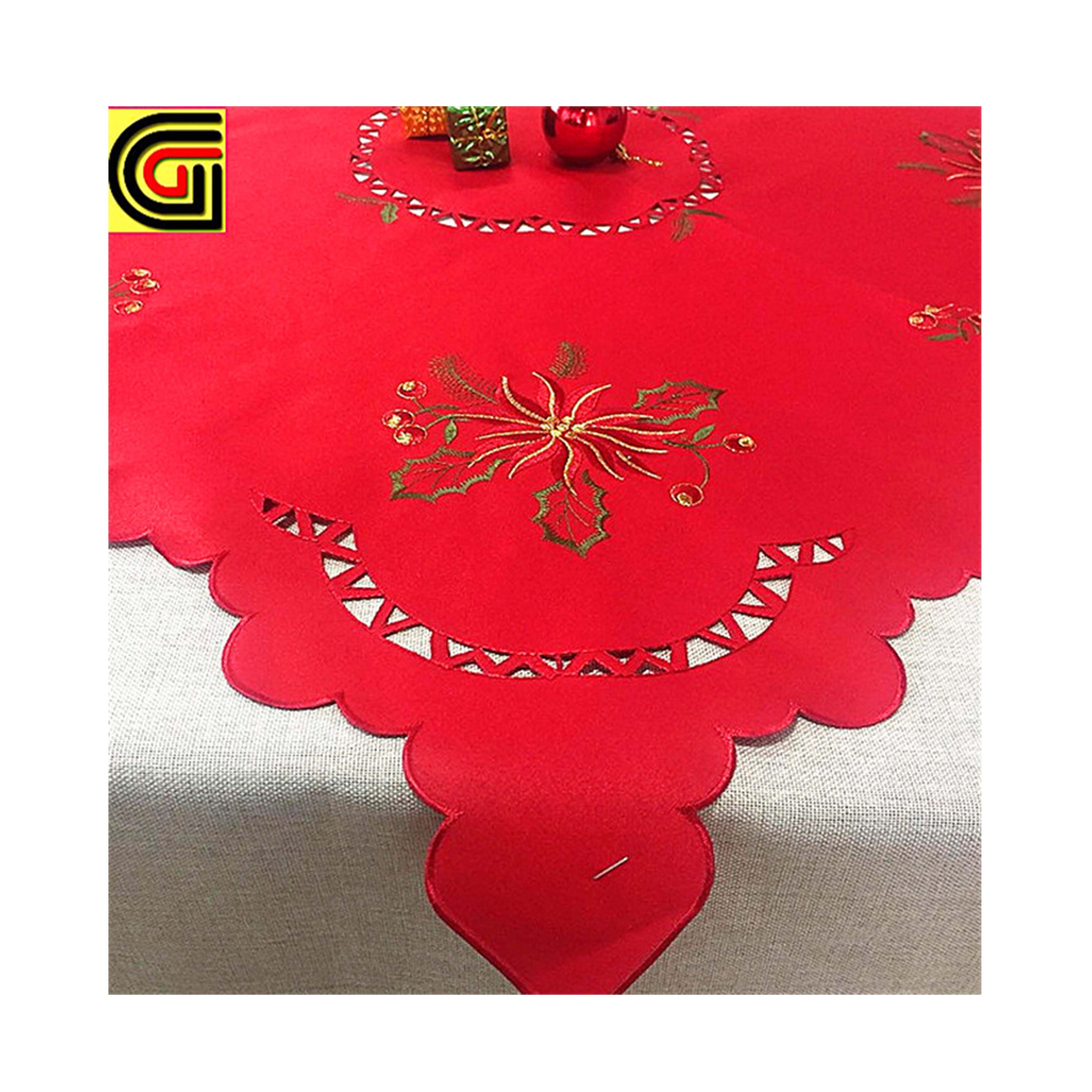 Beautiful Red Embroidery cutwork designs Tablecloth with pinecone and berries for Christmas