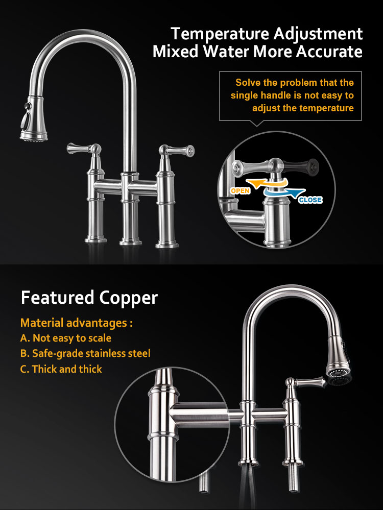 Custom Deck mounted Nickel Brushed Brass Touch Bridge Double Handle Two Lever Pull Down Kitchen Faucet with Sprayer