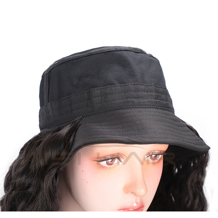 Aisi Hair Outdoor Hat Black Water Wave Wig Party Knit Slouchy Hat Synthetic Fiber Hair Extension With Black Bucket Hat For Women