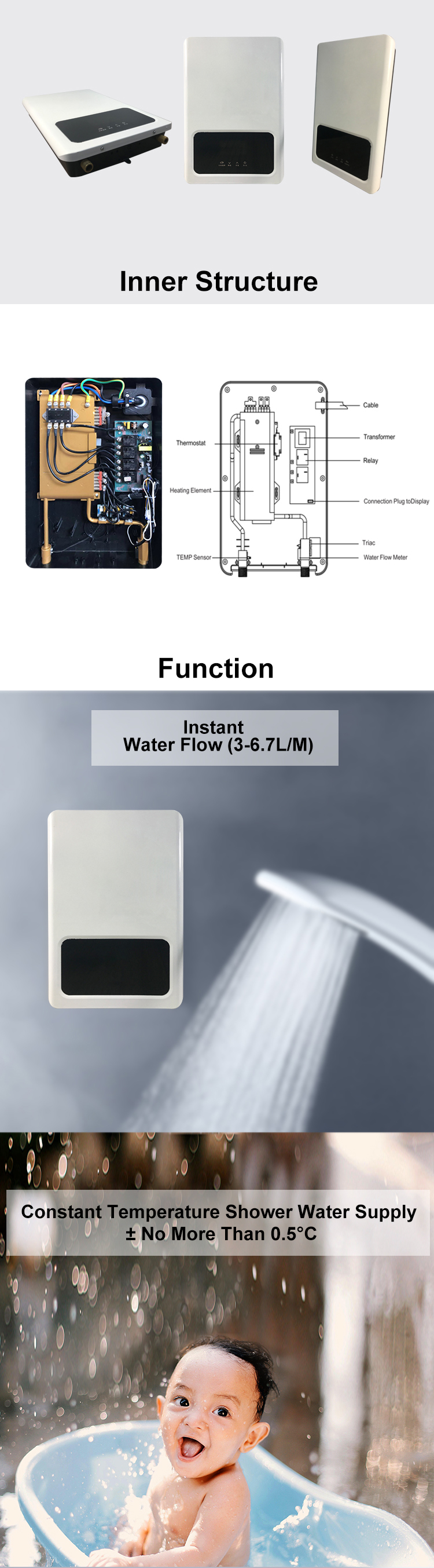 21kw Factory price wall mounted touch control bathroom shower electric instant tankless water heater