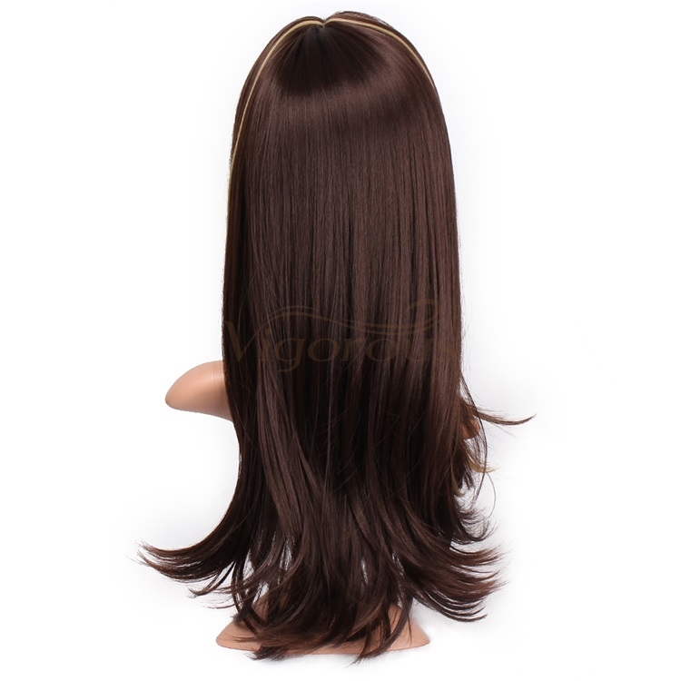 Vigorous Long Silky Straight Dark Brown Highlight Heat Resistant Smooth Synthetic Wig with Inclined Bangs for Women