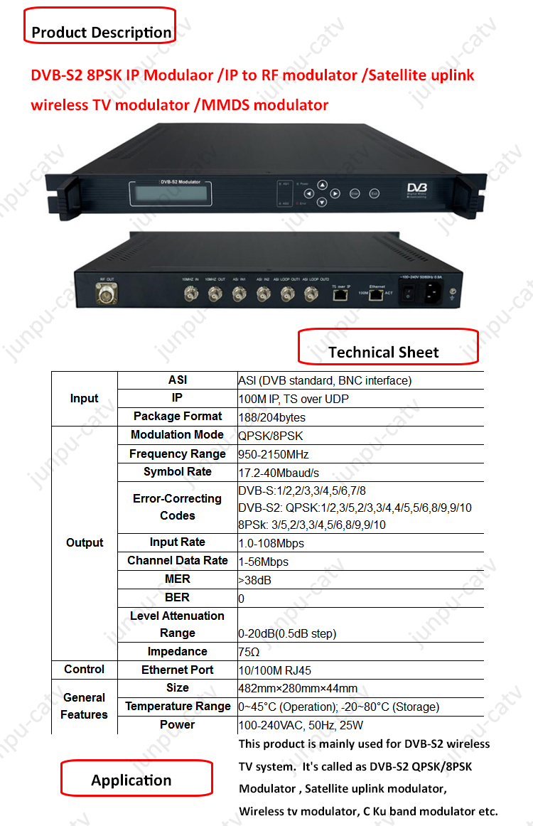 Junpu DVB-S2 Encoder Modulator ASI or IP To DVB-S2 RF Modulator At High Quality