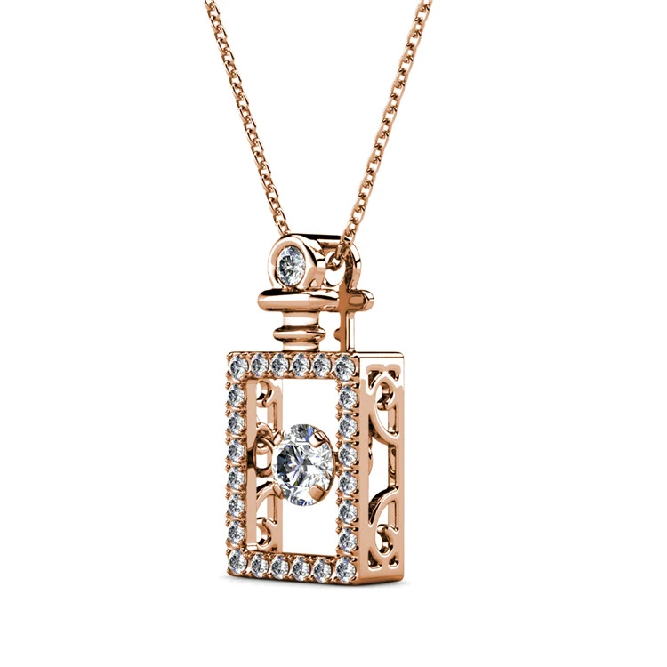 Gold Plated Luxury Girlfriend Gift Set Dancing Square Perfume Crystal Pendant Necklace