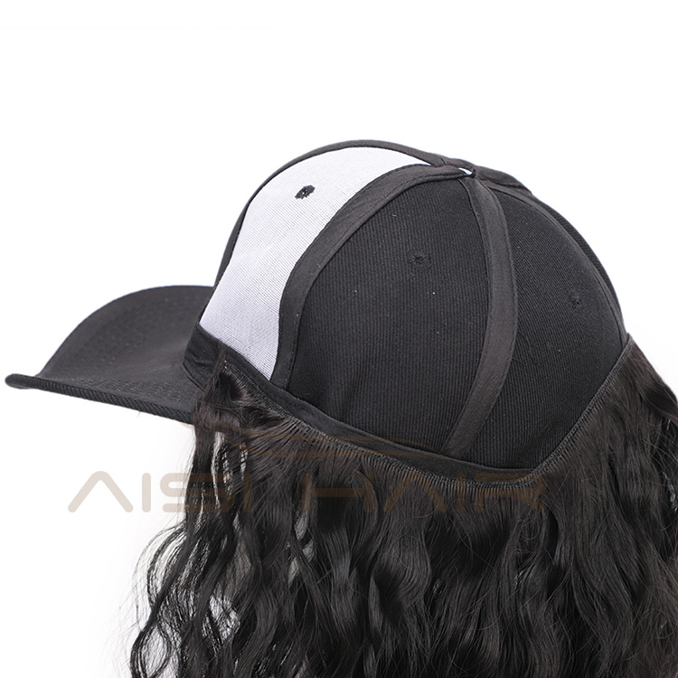Aisi Hair Baseball Hat with Water Wave Hair Extensions Black Hat with Long Synthetic Hair Extensions for Girls Easy to Wear
