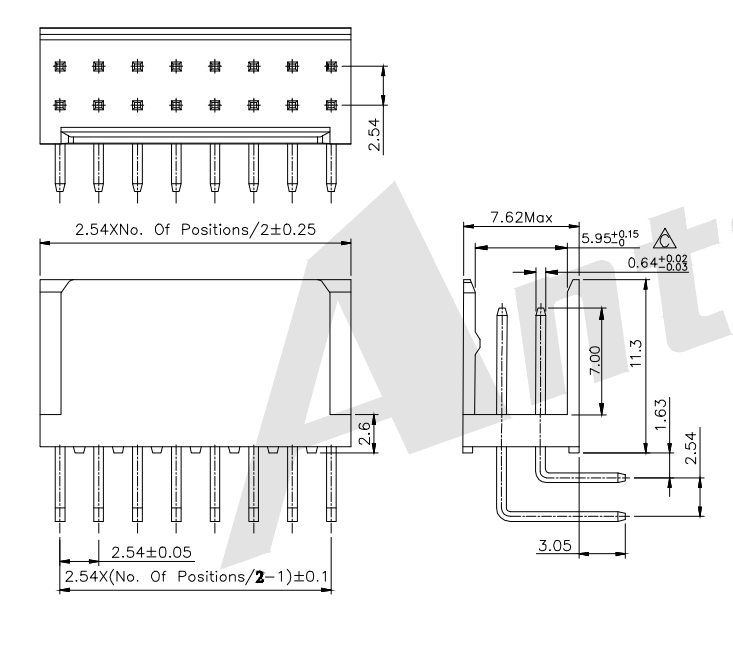 2.54mm Pitch 90 ° gofret Çift Sıralı Konektör AW2547R-2XNP-X