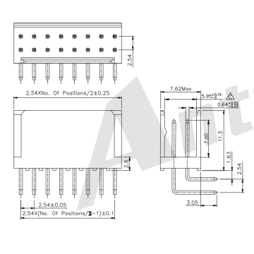 2.54mm Pitch 90 ° Wafer Konektor Baris Ganda AW2547R-2XNP-X