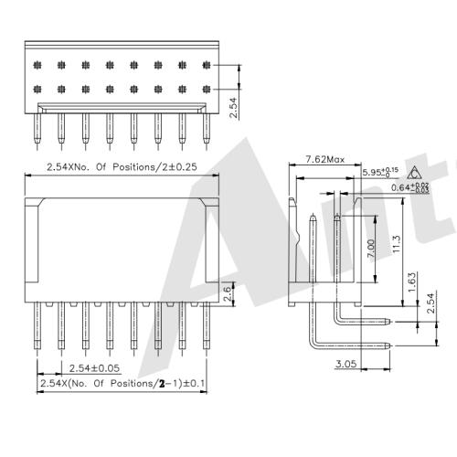 2.54mm Pitch 90 ° Wafer Row Row Connector AW2547R-2XNP-X