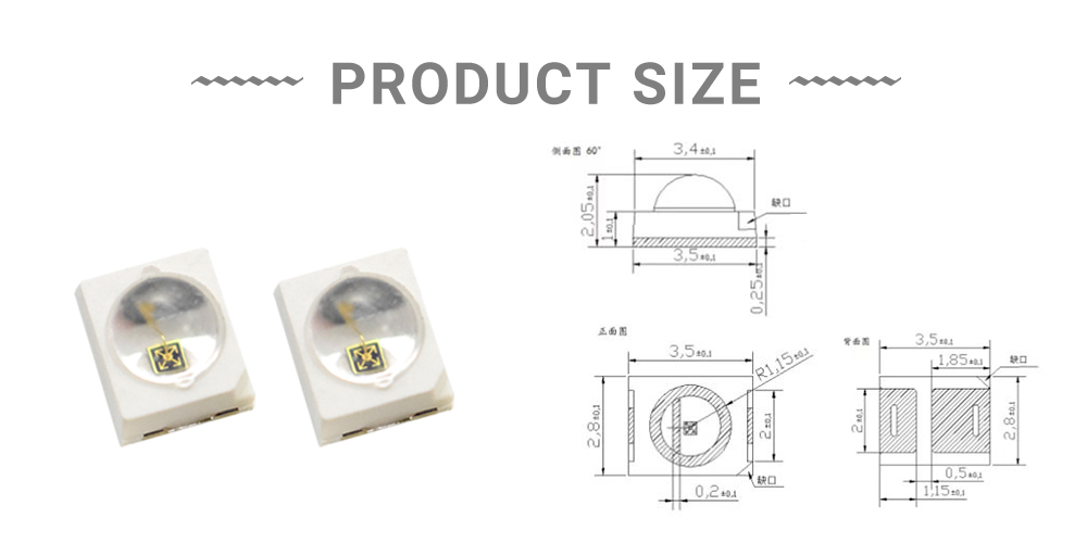 Size of 2835FIRC90E14I100A60 900nm LED 2835 IR Dome Lens SMD 60-Degree