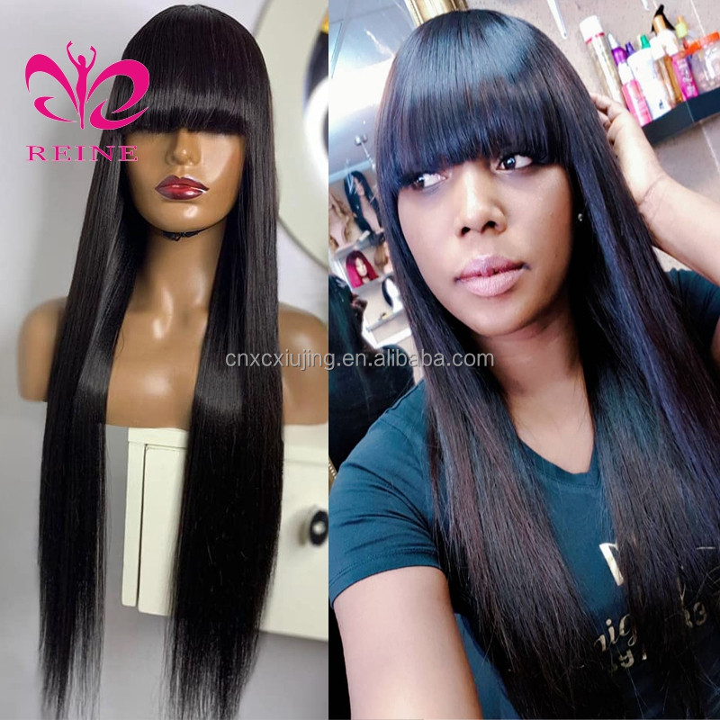 Cheap 100% Human Hair Wig With Bangs Straight Human Hair Wigs For Black Women Cheap Brazilian Straight Black Long Fringe Wig