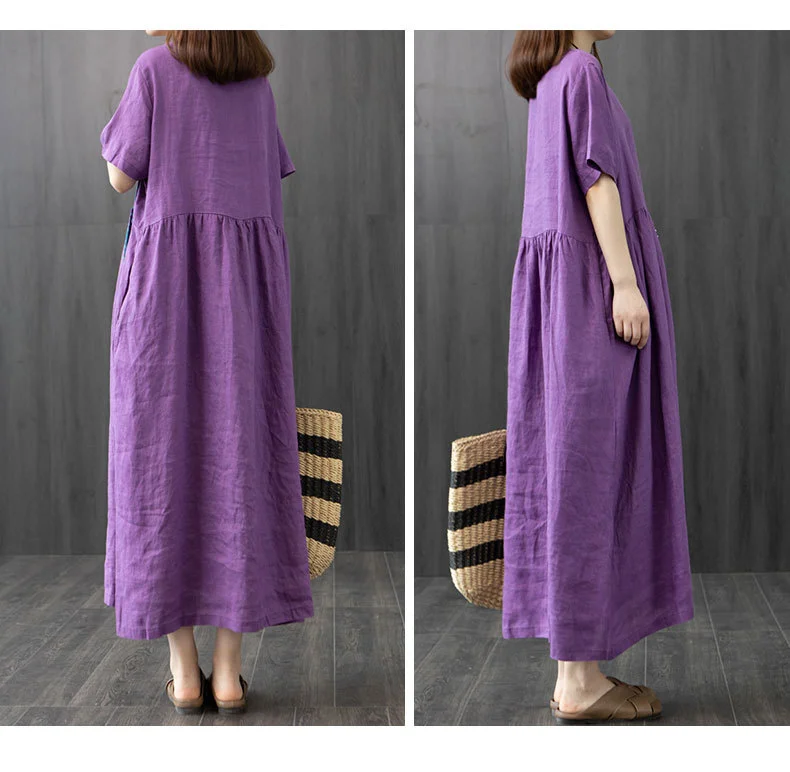 Cotton and Linen Summer Short-Sleeved Loose MID-Length Dress