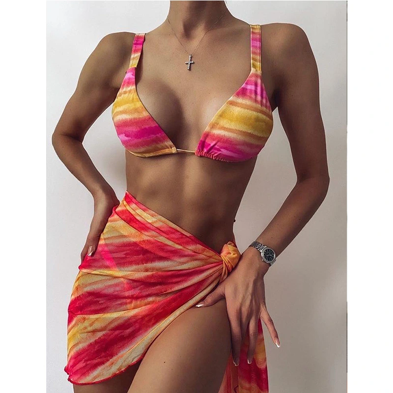 2021 New Mesh Printed Three-Piece Swimsuit Women Bikini Swimwear Ladies