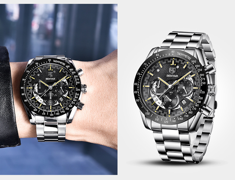 BENYAR Watch Luxury Brand Wristwatch Casual Fashion Men Quartz Watch Chronograph Luxury Military Leather Watch Relogio Masculino