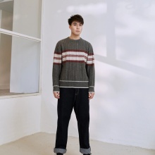 Winter Men's Striped Gray Cable Knit Sweater - Vintage Wool Cable Sweater