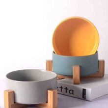 Bamboo Wooden Stand Dog Feeder with Ceramic Pet Bowl