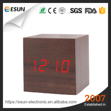 Promotional Gift Voice Control Digital Alarm Clock Multifunctional Small Cube LED Wood Clock for Home Office