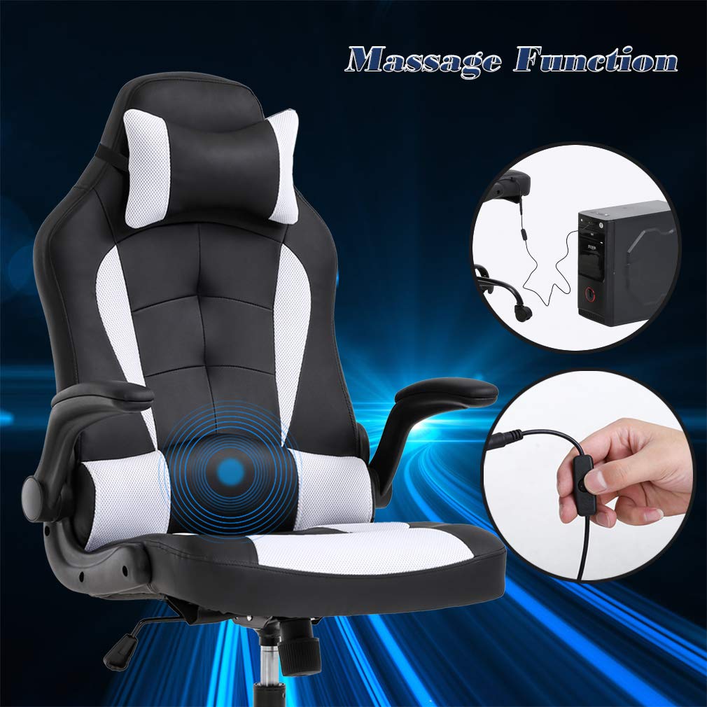 White PC Gaming Chair Massage Function Office Chair High-level Seating Comfort Chair with Adjustable Headrest