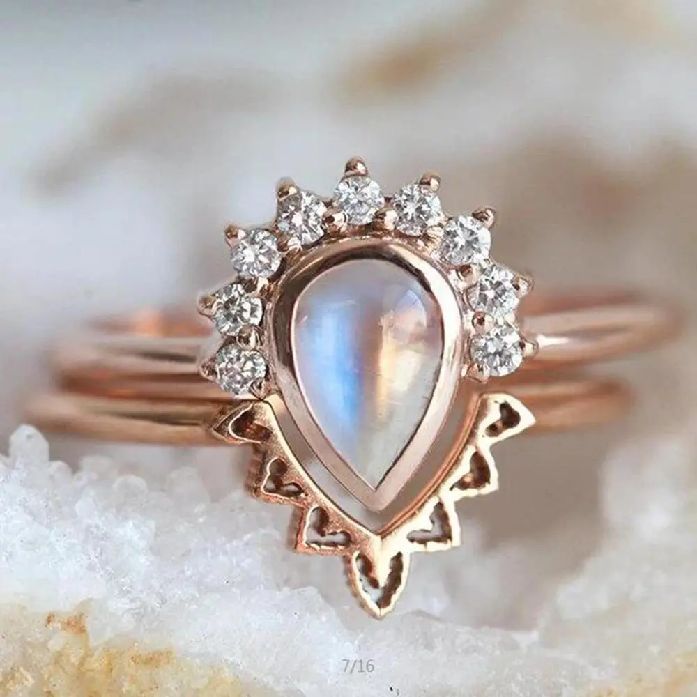 Rose Gold Plating 925 Sterling Silver Moonstone Wedding Rings