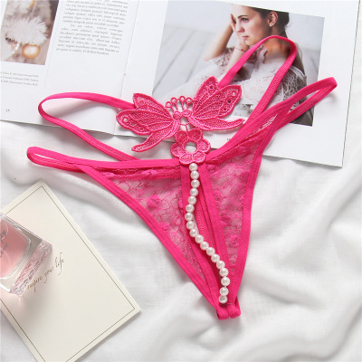 Sexy Lingerie Women Lace Panties Thongs Pearl Pendant Lace Embroidery G-String T-Back Briefs Underwear Adjustable Ladies Panties