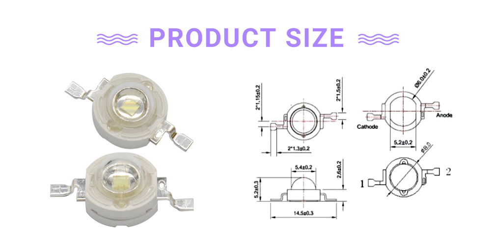 Size of 8080UVC43P45I1A 3W Violet 430nm High Power LED emitter light