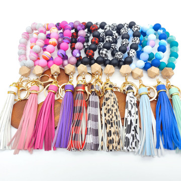 Customizable Silicone Bead Bracelet & Keychain with Wooden Disc and PU Tassel