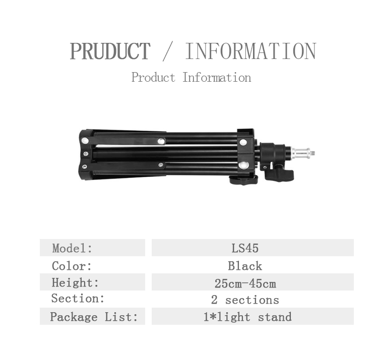 Fotografía Soporte de luz pequeño de aluminio de altura máxima de 45 cm para Relfectores, Softboxes, Luces, Paraguas, Fondos