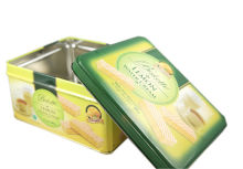 small square tin container/ biscuit can