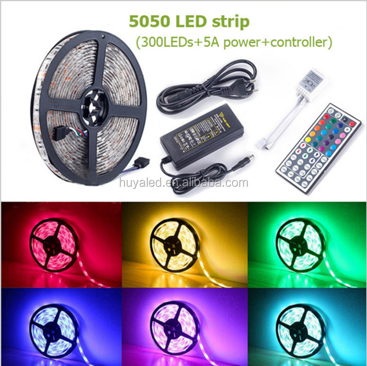 5050 Flexible Light Kit IP65 44 key IR remote controlled 5M 300LED 12V RGB LED strip with power adapter