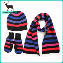 Popular acrylic stripe pattern knitted beanie scarf and mittens