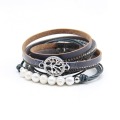 Leather Wrap Bracelet for Women Handmade Clasp Bangle Bracelet with Pearl Beads Crystal Wristbands Jewelry Gift for Ladies