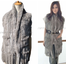 YanRan Fur Factory YR017 Top quality Customized size Ladies' Hand knit real Rabbit Fur Shawl with Fringe and Pocket