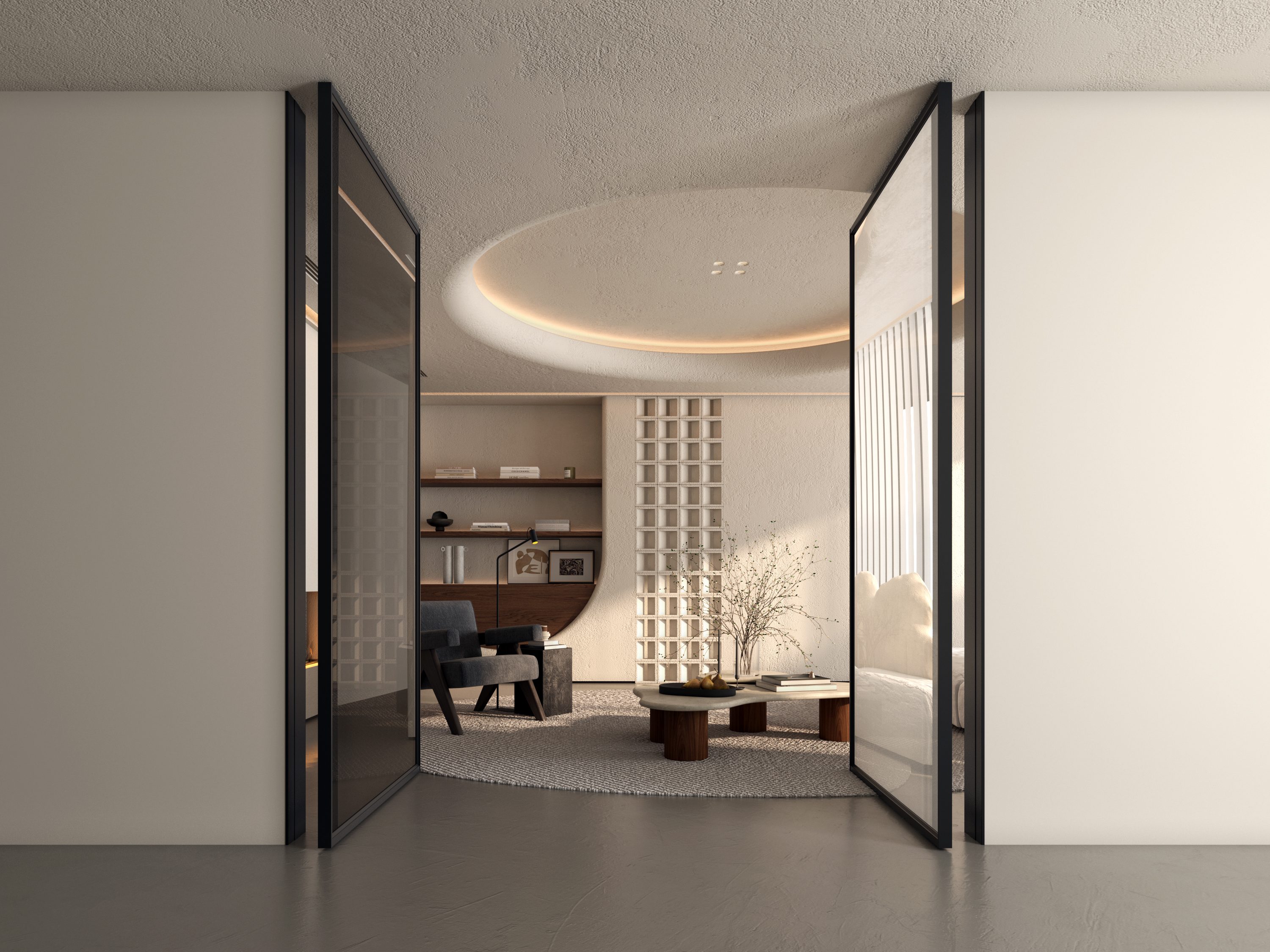 Detalhe da porta pivotante mostrando mecanismo de articulação deslocado