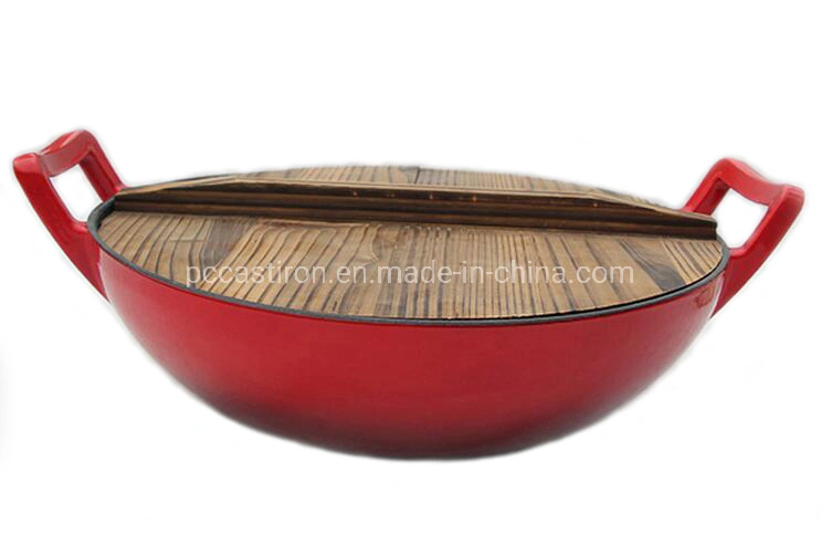 Vegetable Oil Nonstick Healthy Cast Iron Wok, BSCI LFGB FDA Approved, with Wooden Lip