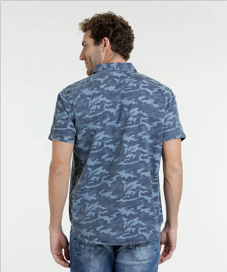 Camicie casual da uomo in cotone stampa militare a maniche corte